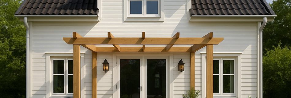 Vit villa med vinkelbyggd altan och pergola till höger, med sittgrupp och växter i krukor